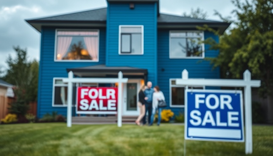 Modern blue house with 'For Sale' sign and family discussing.