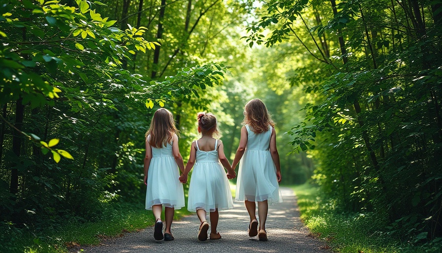 Two girls enjoying a forest path during childhood summer vacations in Sierra Nevada.