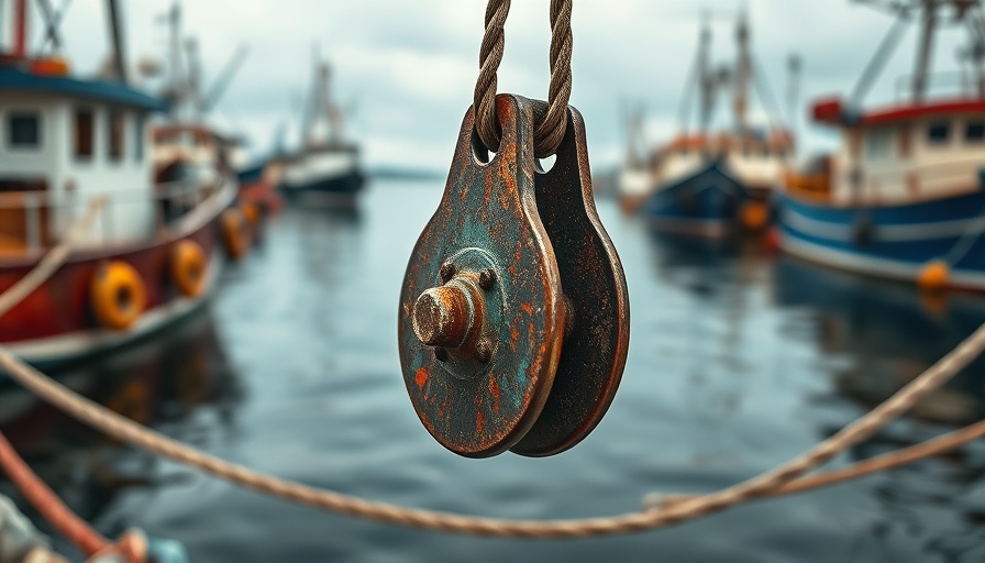 Bottom trawling equipment on a fishing boat with trawlers in background.