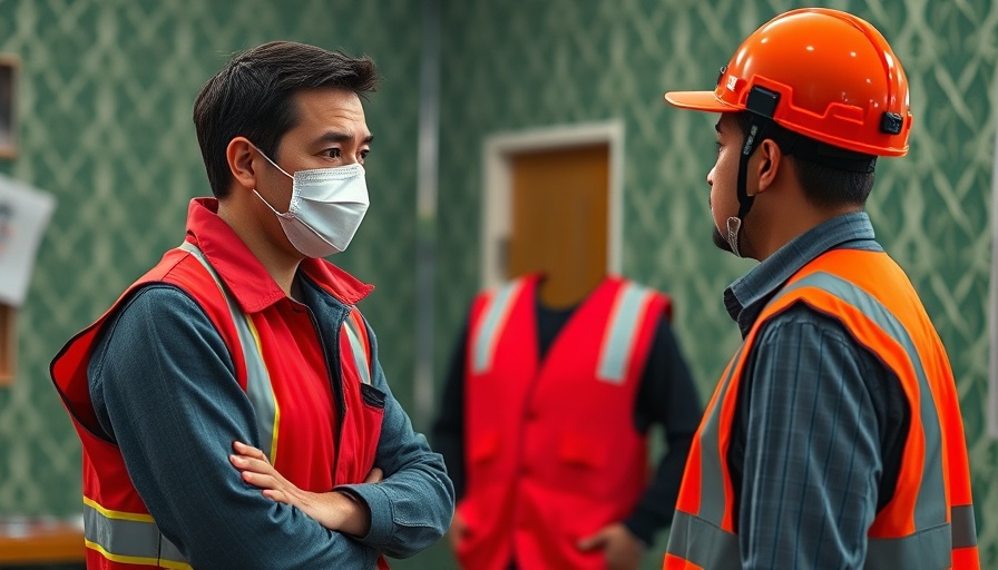 Climate change disaster management discussion with masked individuals.
