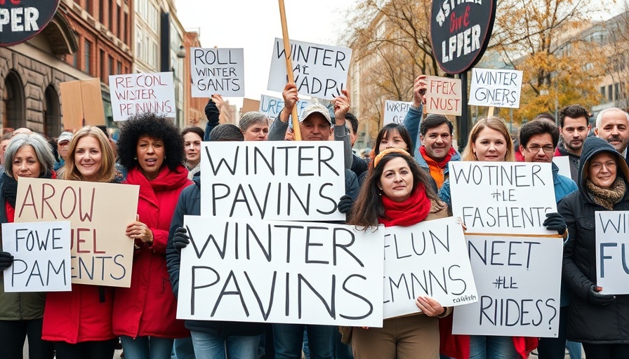 Protestors advocate for winter fuel payments with signs.