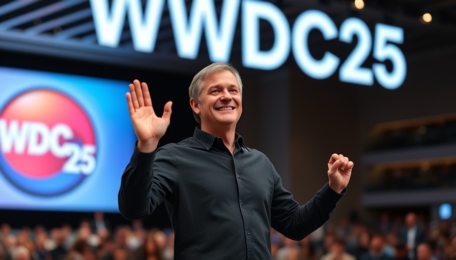 Confident speaker at WWDC25, greeting audience.