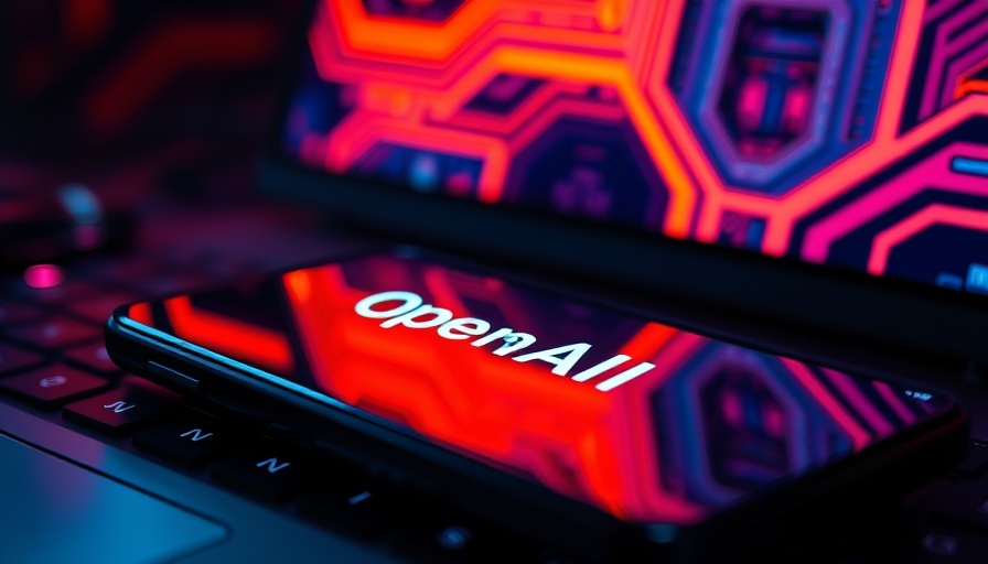 OpenAI logo on phone over keyboard, neon tech lighting.