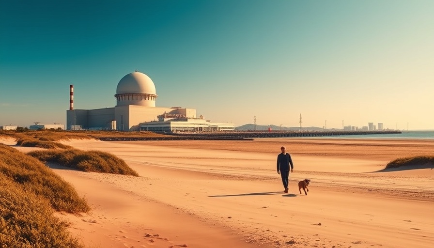 Sizewell C nuclear plant at beach during sunset with dog and person.