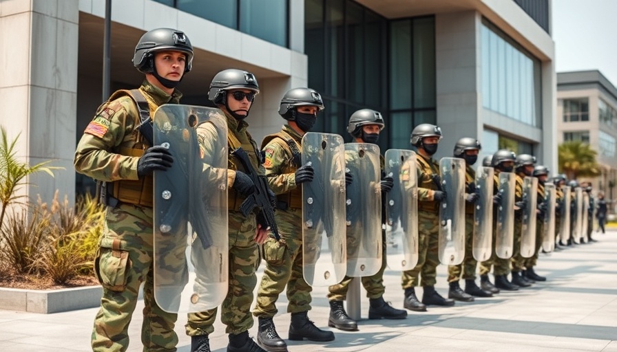 Soldiers in uniform stand with shields on building steps in LA.