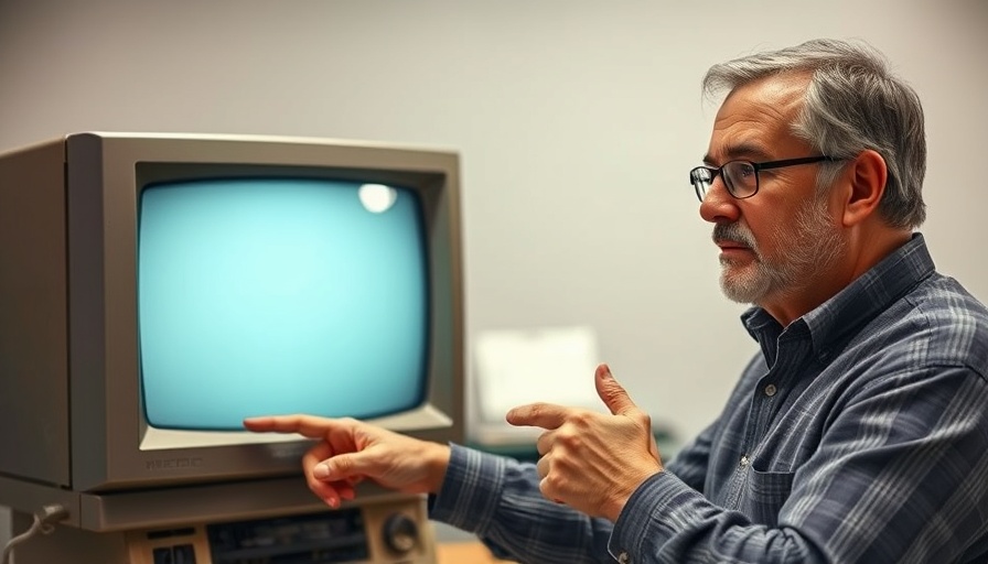 Man explaining programming concept on old computer, high-level programming language success.