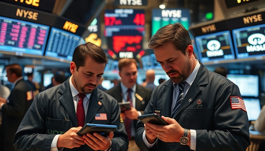 Traders analyze data on stock exchange floor amid trade uncertainty.
