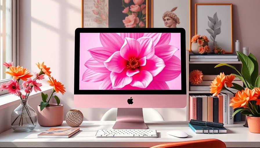 Sleek desktop showing macOS Tahoe features with pink floral theme.