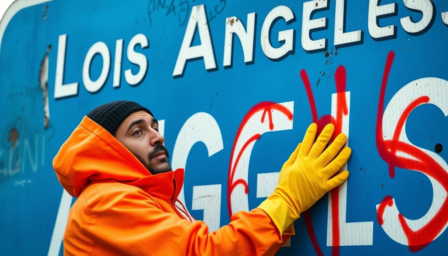 Cleanup of graffiti and damage in Los Angeles protests, person cleaning sign.