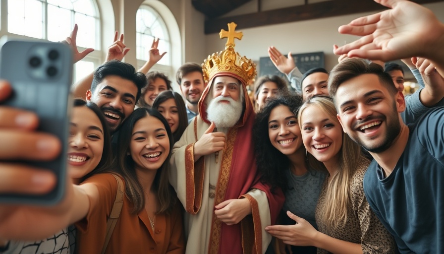 Enthusiastic group selfie with religious leader in bright setting.