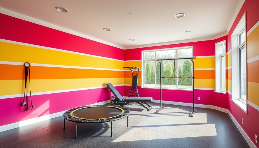 Colorful home gym showcasing exercise equipment and bright decor.