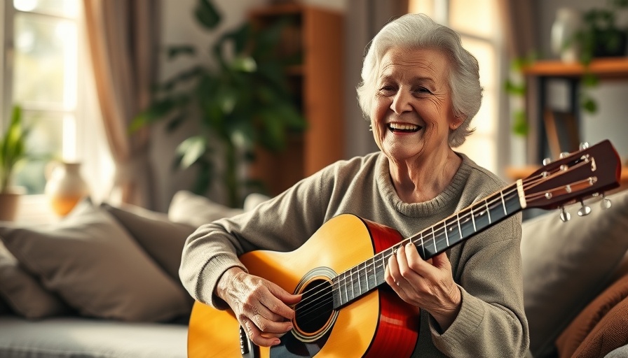 Joyful elderly woman playing guitar, capturing cognitive peaks and aging.