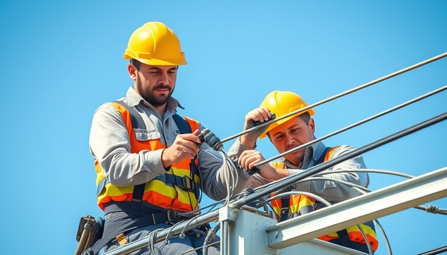 Workers handling electrical wires in the Global South under blue sky.