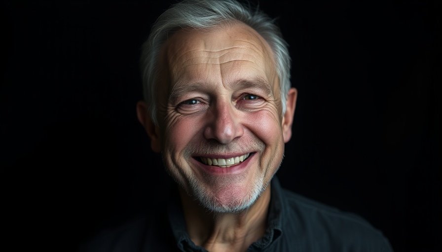 Cheerful older man smiling in a dark setting, intimate portrait.