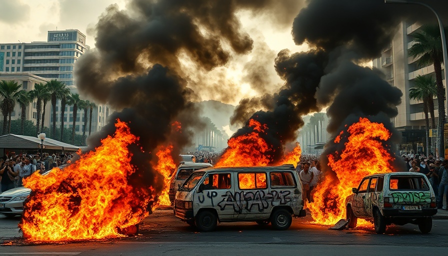 Waymo robotaxis vandalism in urban riot with burning cars.