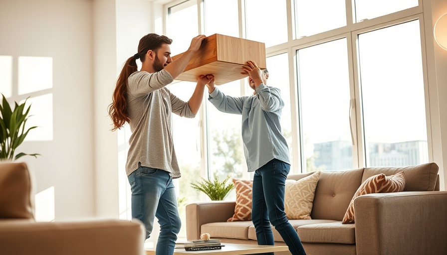 Young friends moving furniture in a new house, symbolizing buying a house with a friend.