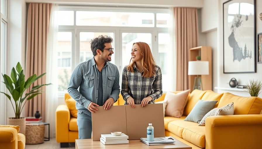 Friends arranging furniture in a bright living room, buying a house with a friend.