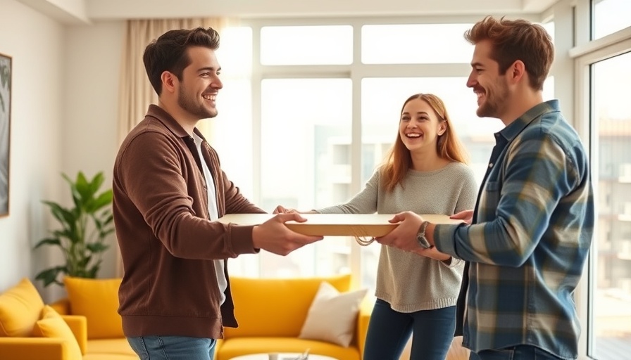 Young adults moving furniture in new apartment, buying a house with a friend.