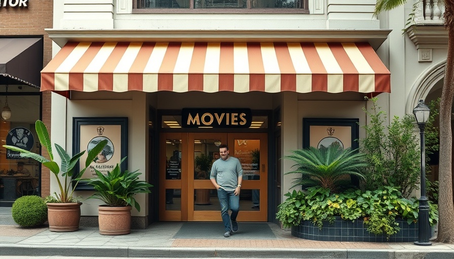 Upcoming film events in Marin theater entrance with striped awnings.