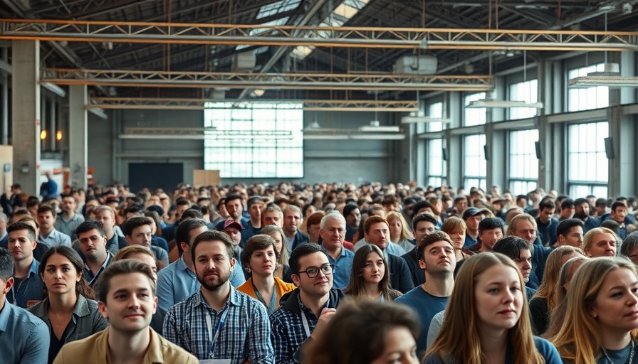 Large audience at TechCrunch All Stage startup event in industrial venue.