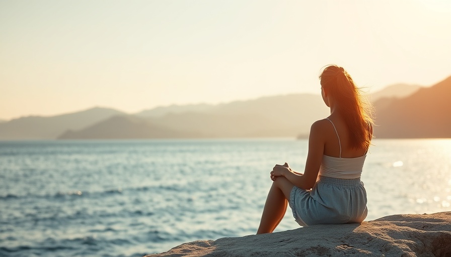 Reflective woman by ocean, contemplating in sunset warmth.