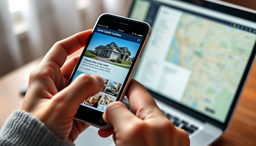 Using a smartphone for real estate listing, map on laptop in background.