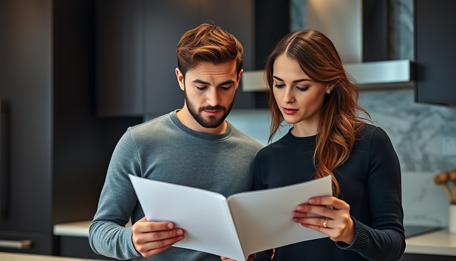 Couple reviewing real estate appraisal documents in modern kitchen.