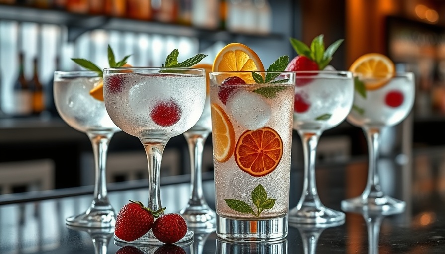 Northern California gins in stylish glasses with fruit garnishes.