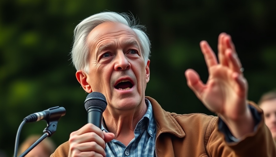 Older man passionately speaking at outdoor rally on health policy accountability
