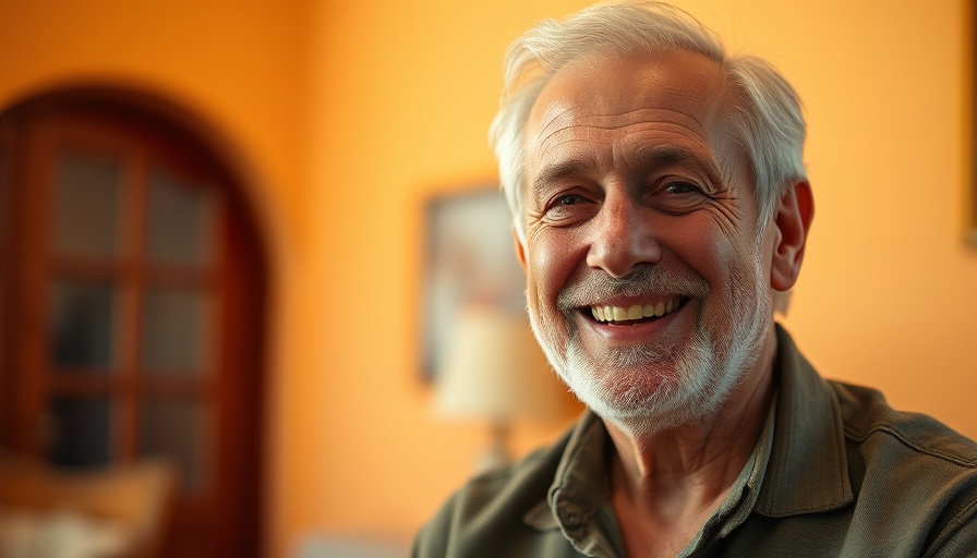 Older man smiling in a warm indoor setting with peach walls.