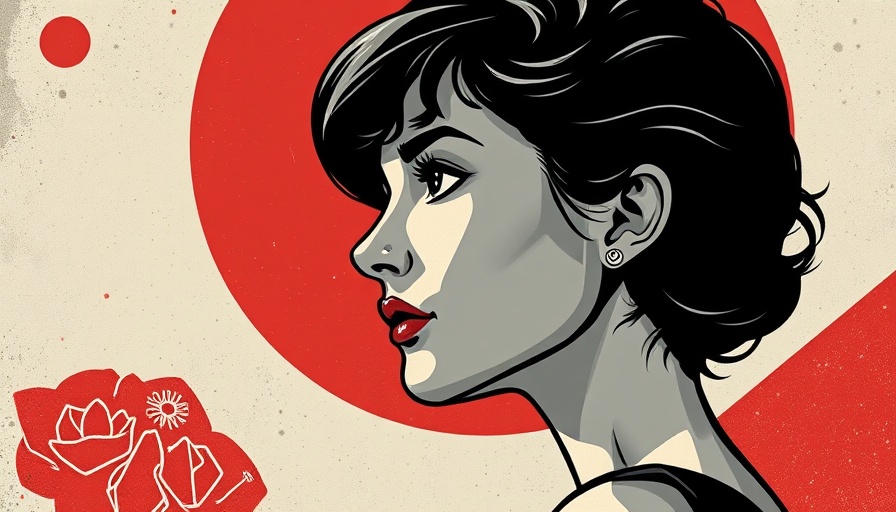 Stylized profile of a woman against red geometric shapes.