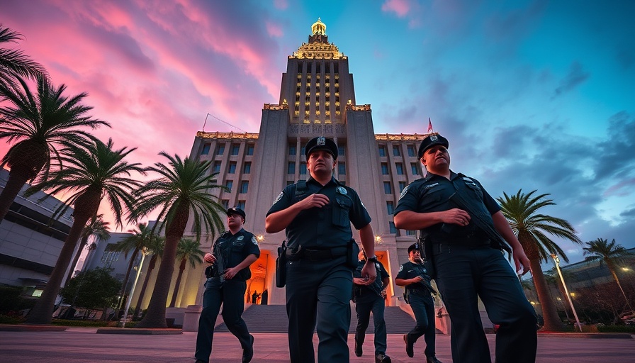 Police patrol in front of city building at twilight with palm trees.