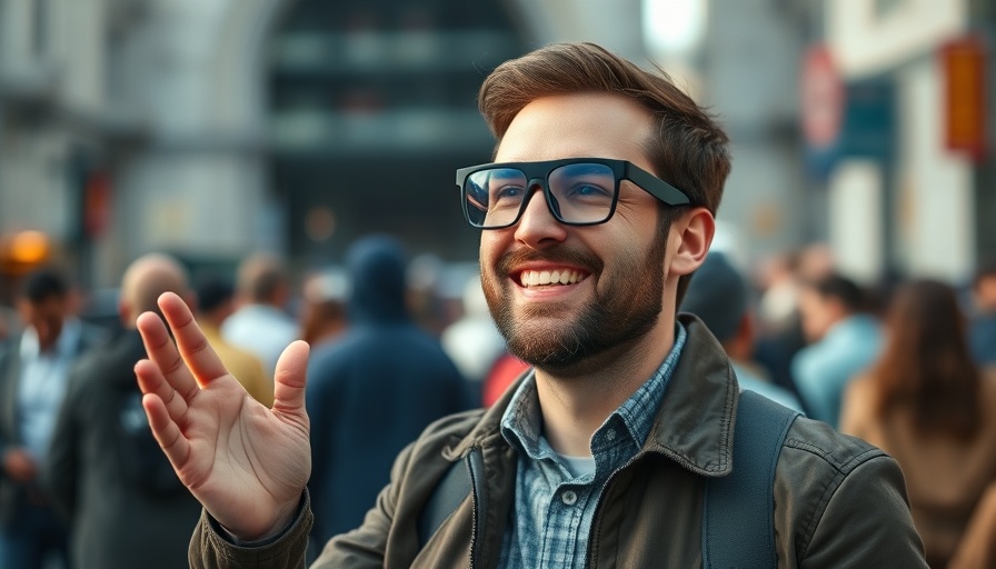 Smiling man with Specs Smart Glasses gesturing in front of a crowd.