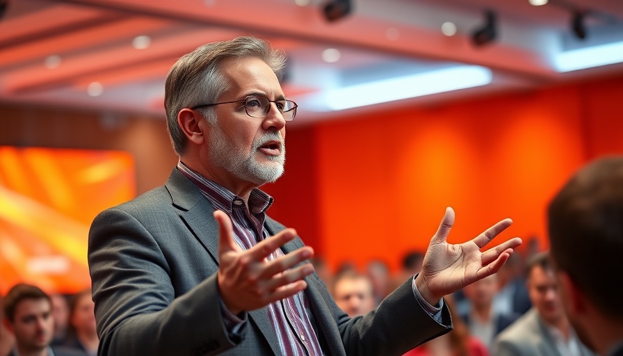 Expert discussing AI talent for business growth at a conference.