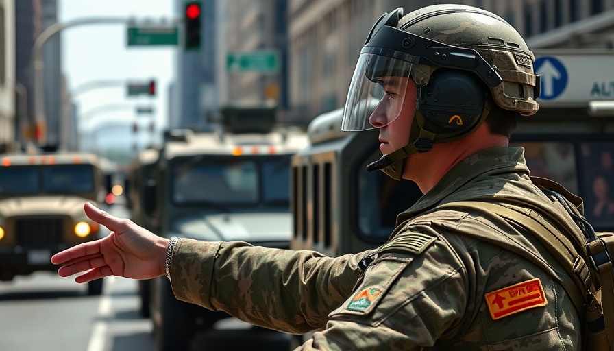 National Guard member directing military convoy on city street