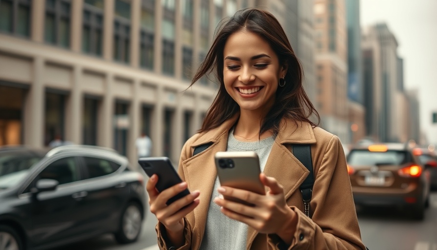 Stylish woman smiling with phone on city street, Starbucks remote job TikTok coffee.