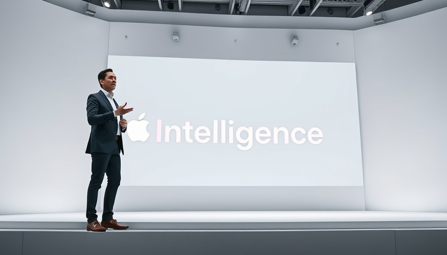 Modern presentation of Apple Intelligence on futuristic stage.
