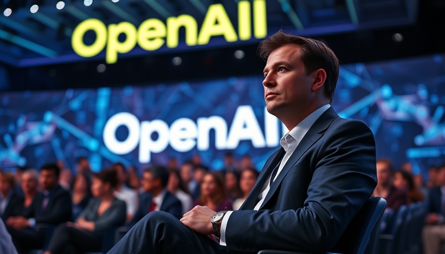 OpenAI conference featuring professional in blue suit with OpenAI logo.