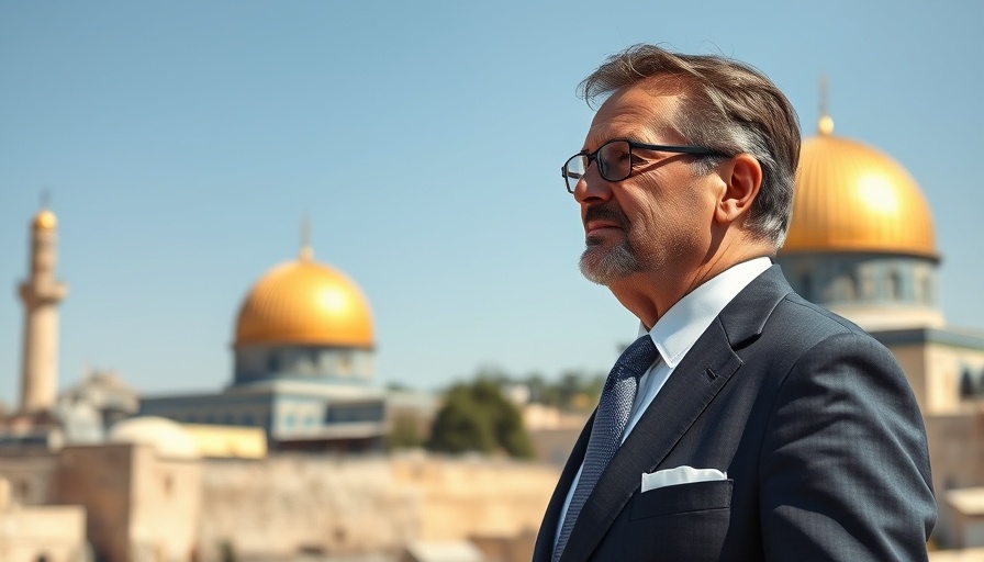 Middle-aged man observing Jerusalem cityscape, Palestinian state politics.