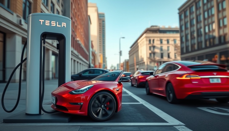 Tesla charging station with electric car on a clear day, Tesla robotaxi launch.
