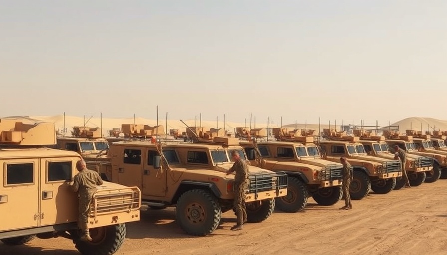 Military vehicles and soldiers in a desert setting, Trump military orders LA protests.