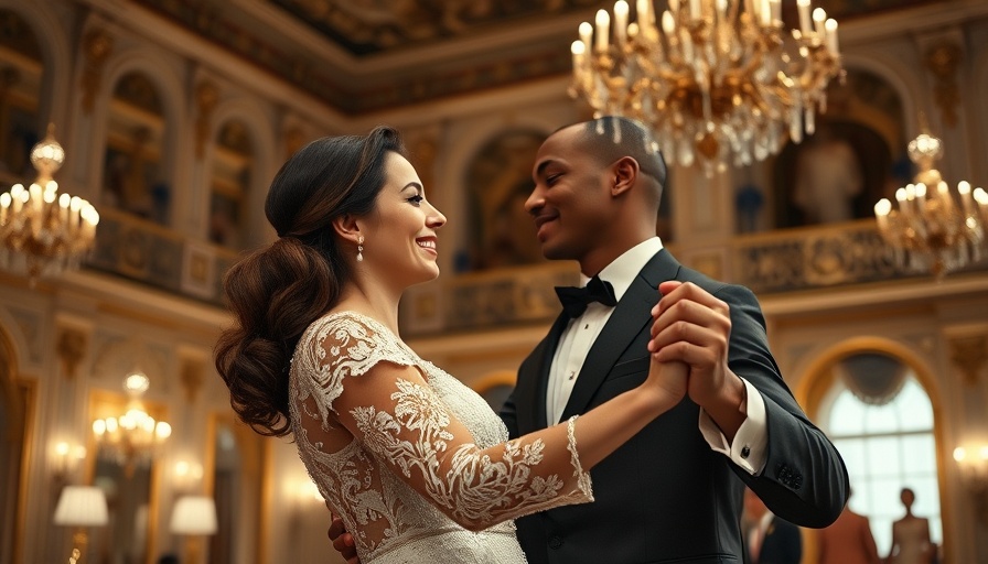 Love in Modern Romance: Elegant couple dancing and smiling in a formal setting.