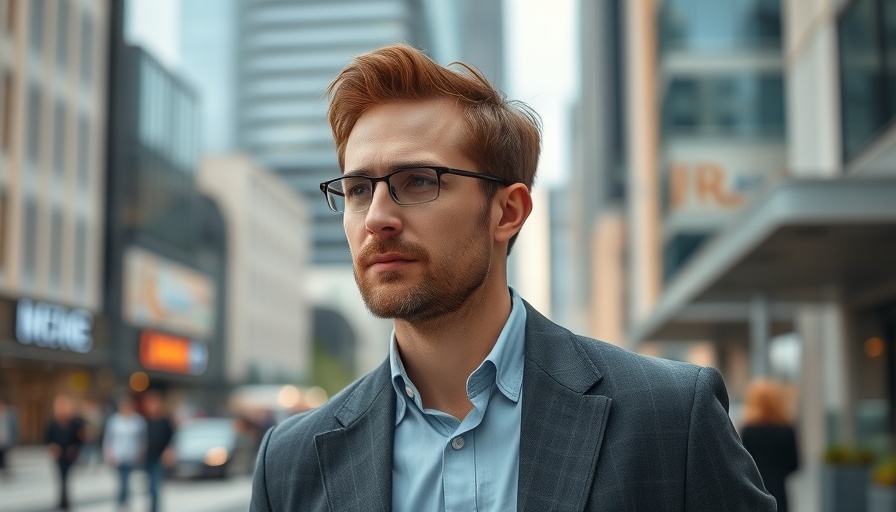 Casual professional man in city showing AI will generate novel insights.