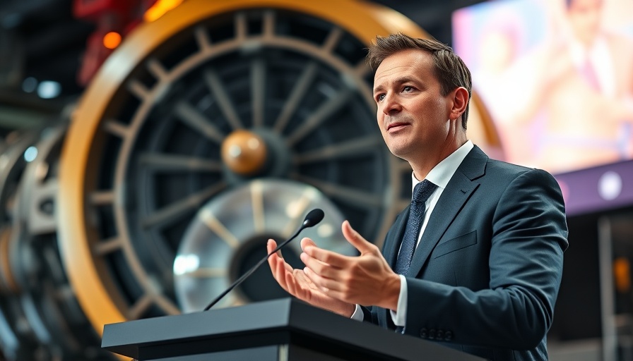 Speaker at nuclear fusion innovations event with machinery backdrop.