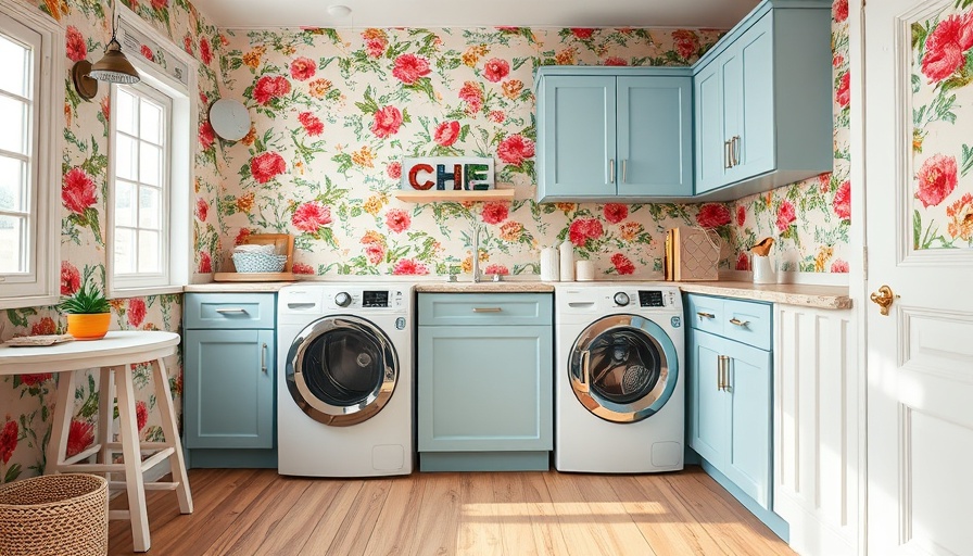 Colorful laundry room with blue cabinets and floral wallpaper.
