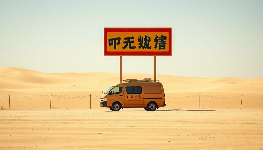 Desert landscape with van and sign, related to U.S.-China trade deal.
