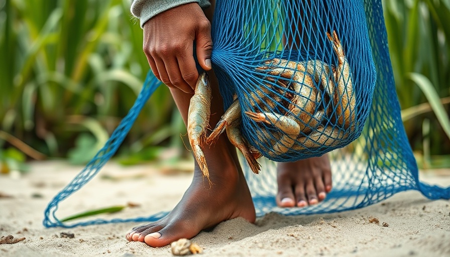 Shrimp farmer with net standing on sand, reflecting Indian shrimp farming.