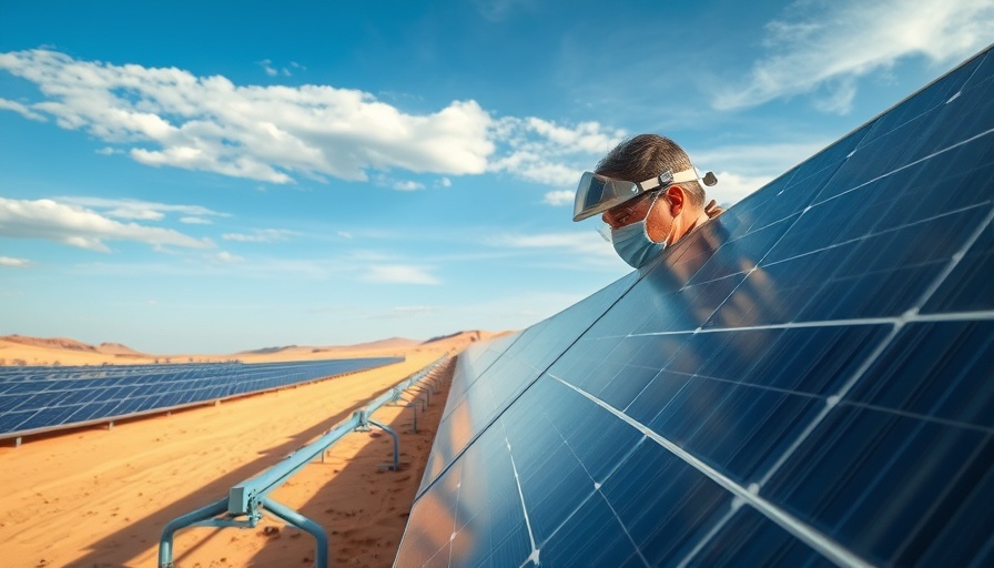 Technician inspecting solar panels for renewable energy jobs in a desert.
