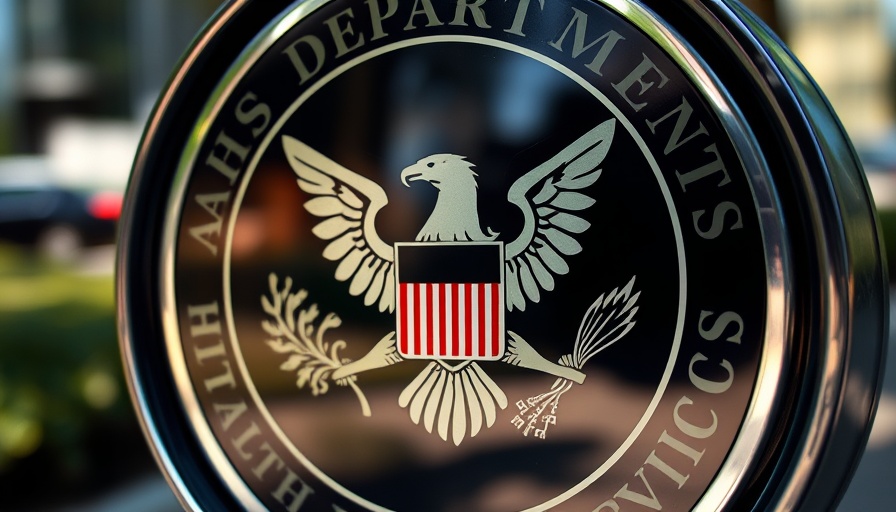 HHS logo on glass door reflects department's presence.
