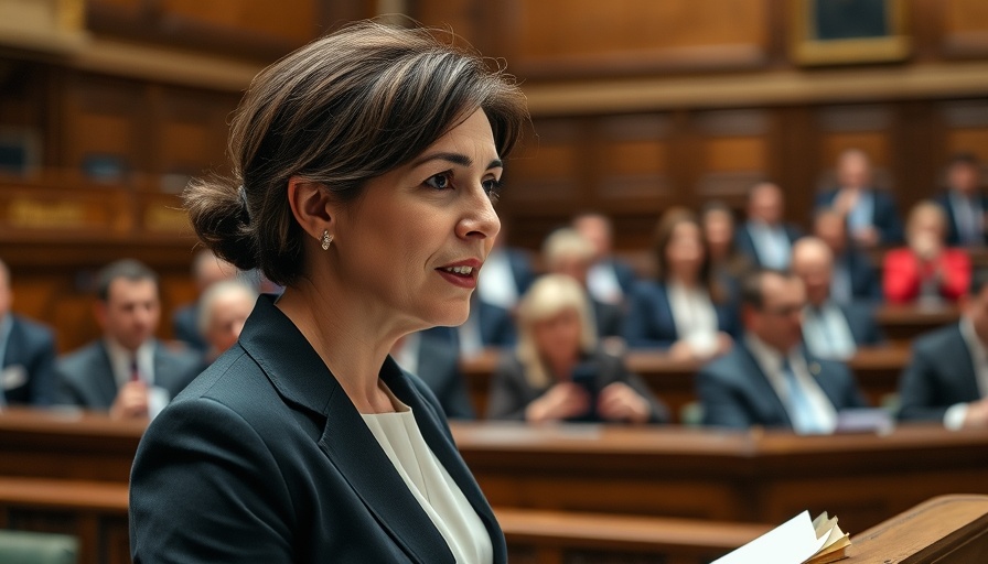 Focused professional woman speaking in parliament, spending review 2025 context.